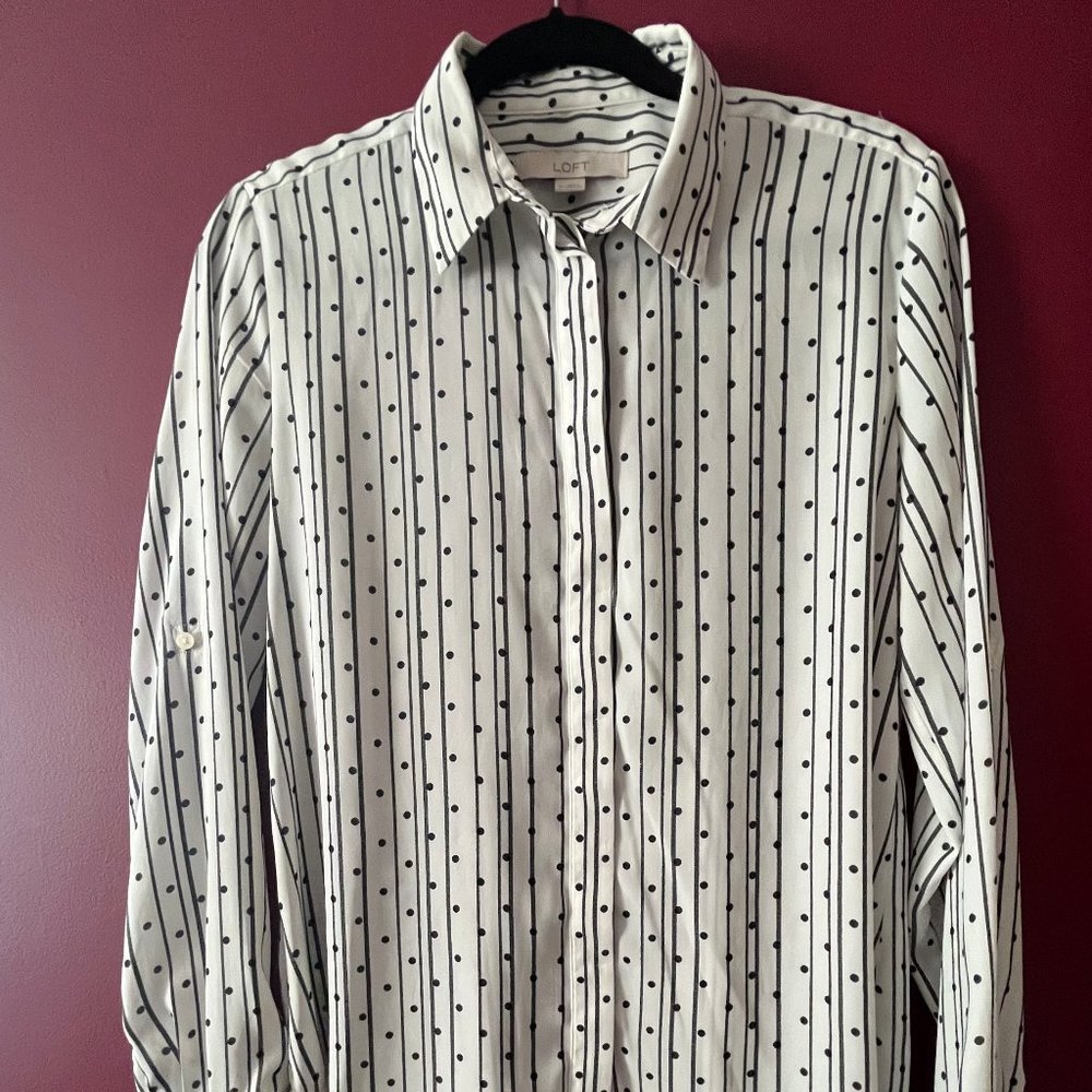Loft: Camp shirt white with black stripes and black velvet flocked dots. Size .